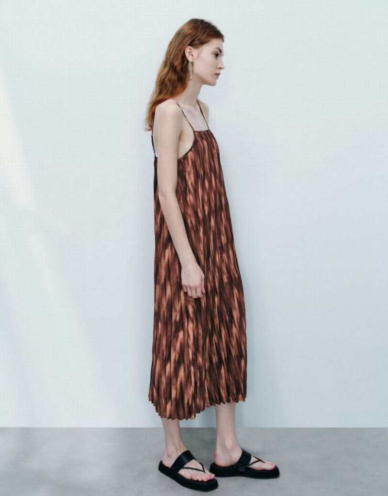 Brown Urban Revivo Printed Off-Shoulder Cami A-Line Women's Dress | HCGOKE-462