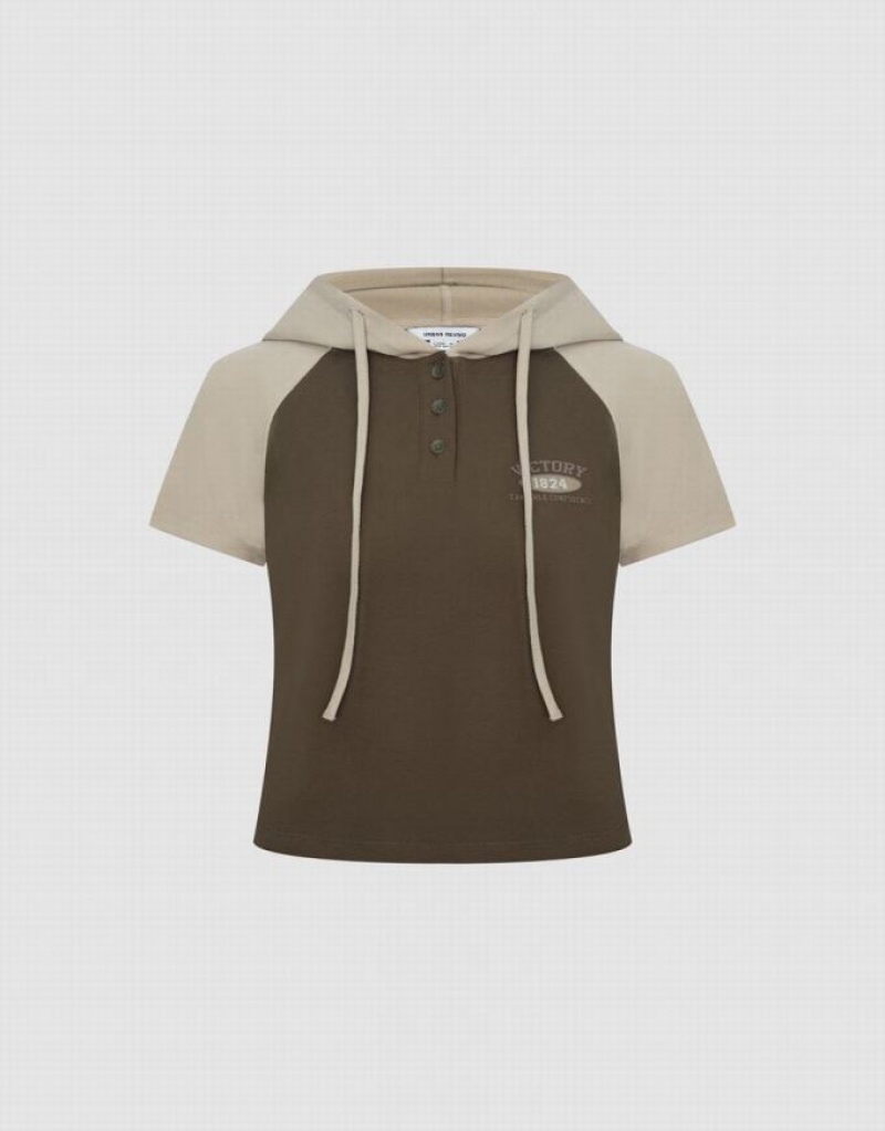 Brown Urban Revivo Raglan Sleeve Hooded Women's T-Shirts | BTIGHM-297