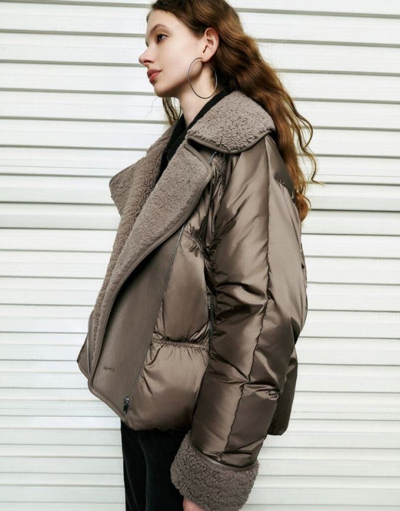 Brown Urban Revivo Raglan Sleeve Vegan Leather Women's Down Jackets | PJVTBE-452