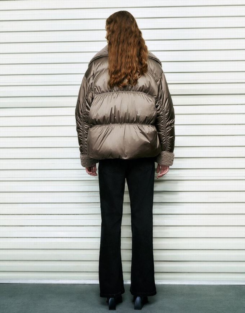 Brown Urban Revivo Raglan Sleeve Vegan Leather Women's Down Jackets | PJVTBE-452