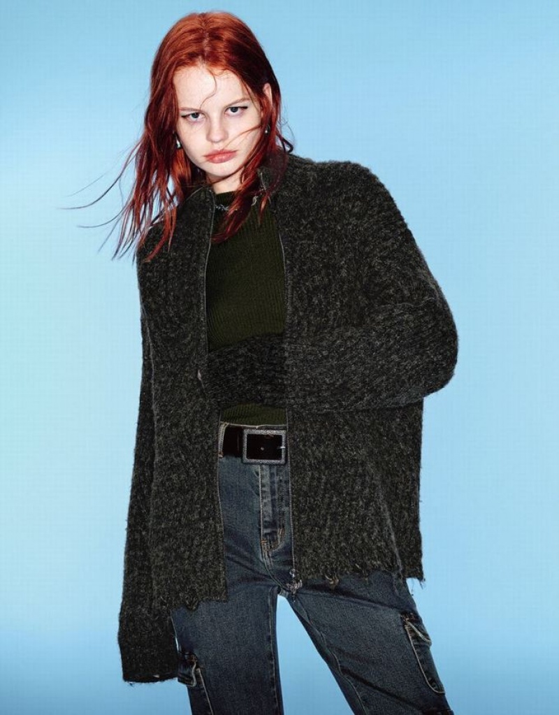 Brown Urban Revivo Raw Hem Zipper Front Knitted Women\'s Cardigan | CBGQYP-364