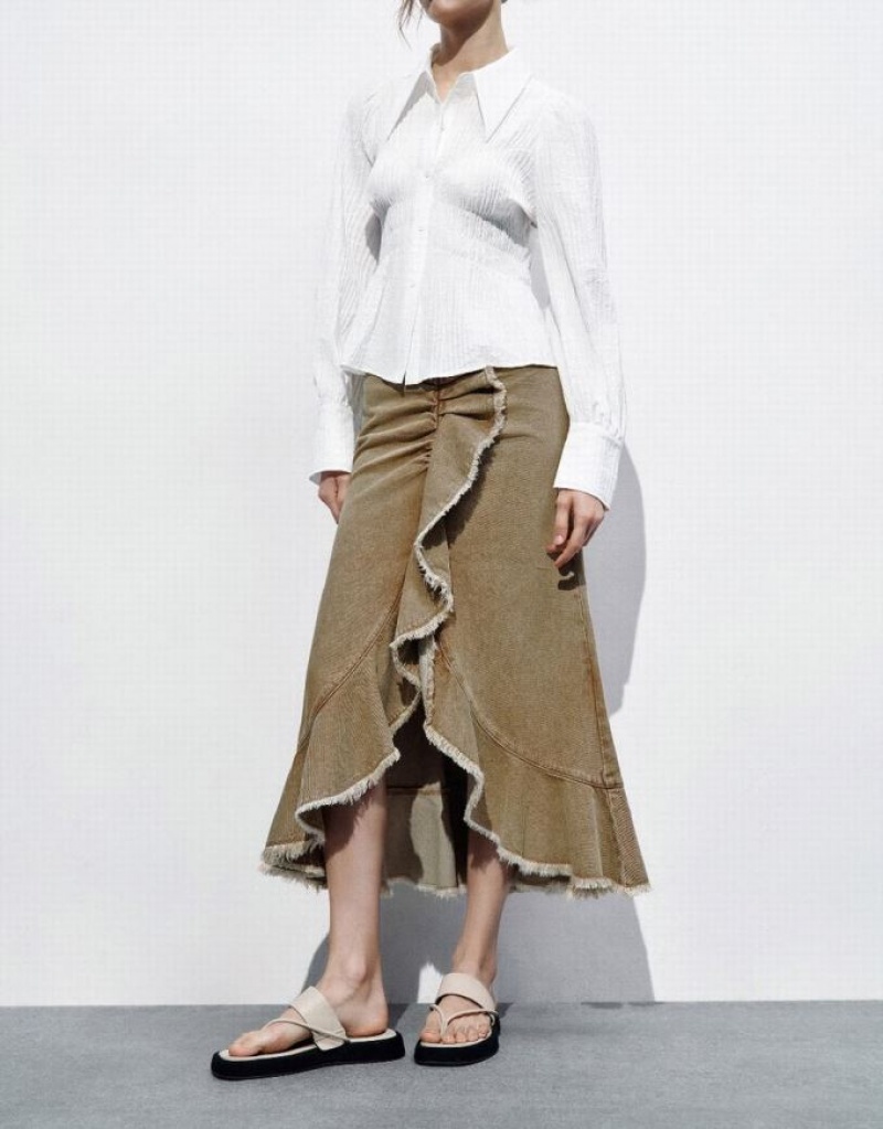 Brown Urban Revivo Ruffle Fishtail Women's Denim Skirt | IEWKXD-537