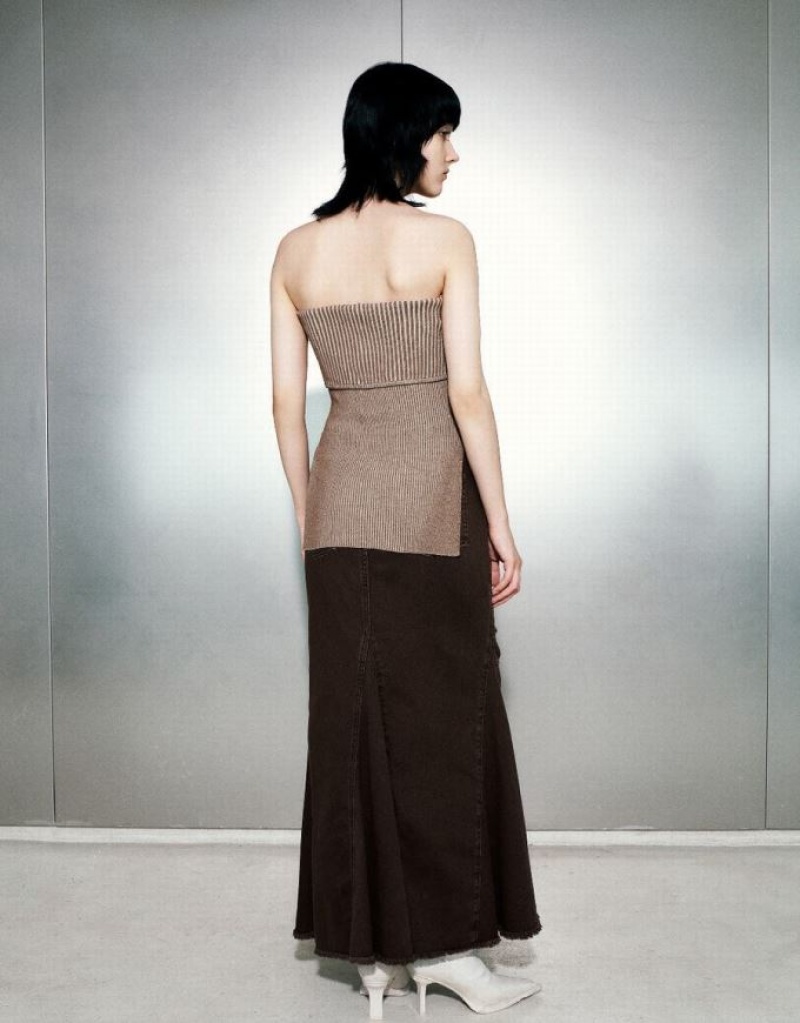 Brown Urban Revivo Sleeveless Off-Shoulder Knitted Top Women's Cardigan | RPIMVN-416