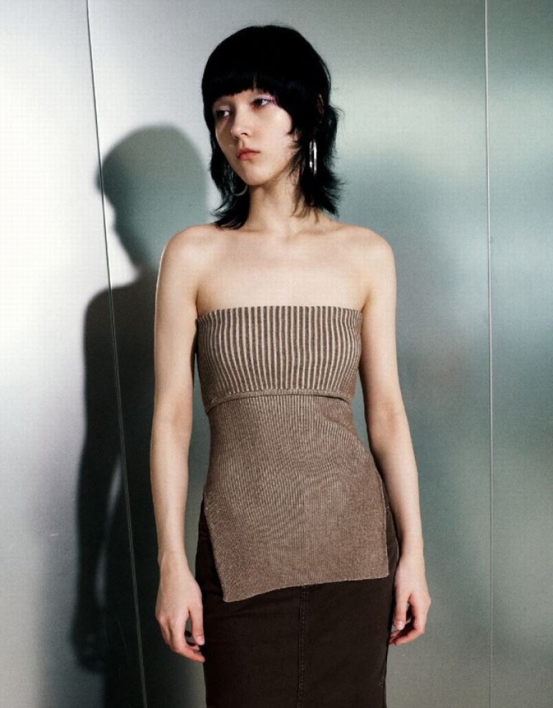 Brown Urban Revivo Sleeveless Off-Shoulder Knitted Top Women\'s Cardigan | RPIMVN-416
