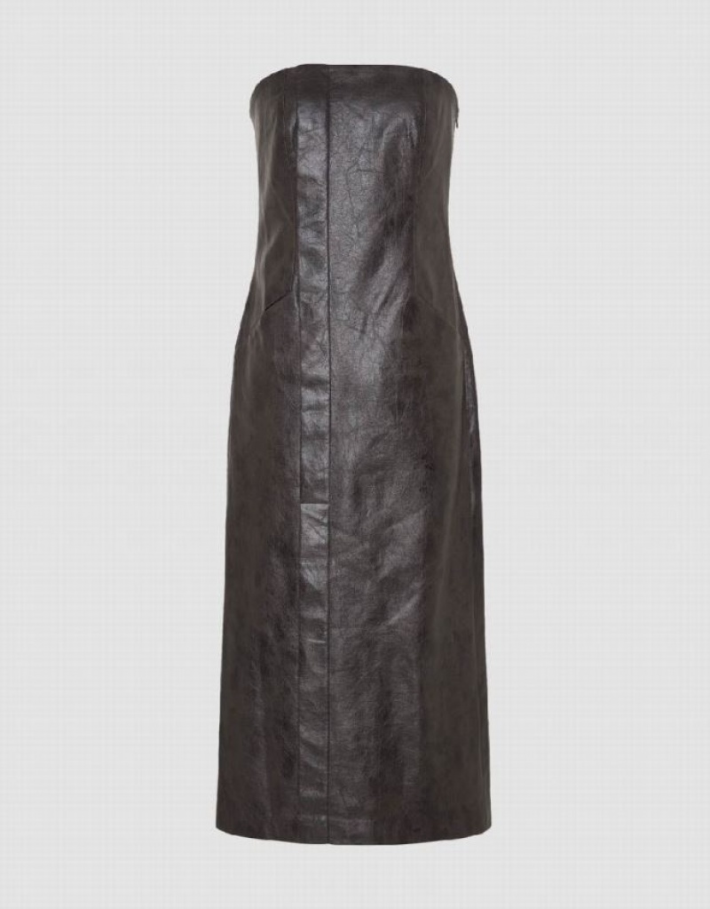 Brown Urban Revivo Sleeveless Off-Shoulder Vegan Leather Straight Women's Dress | VJQCLZ-851