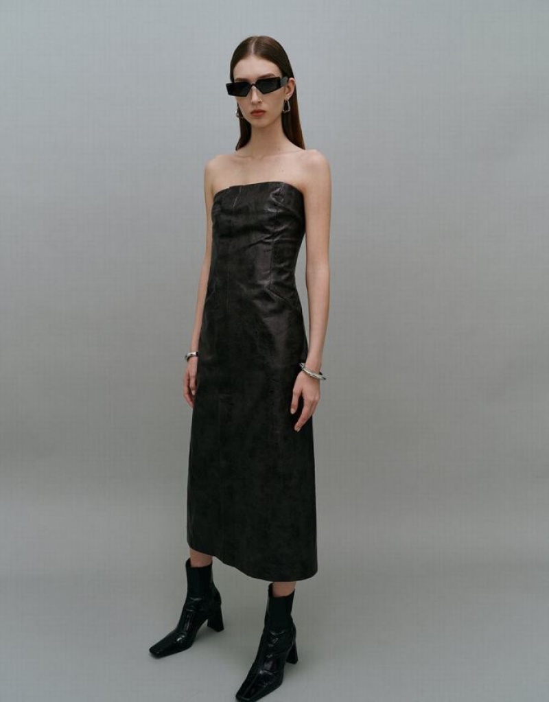 Brown Urban Revivo Sleeveless Off-Shoulder Vegan Leather Straight Women's Dress | VJQCLZ-851