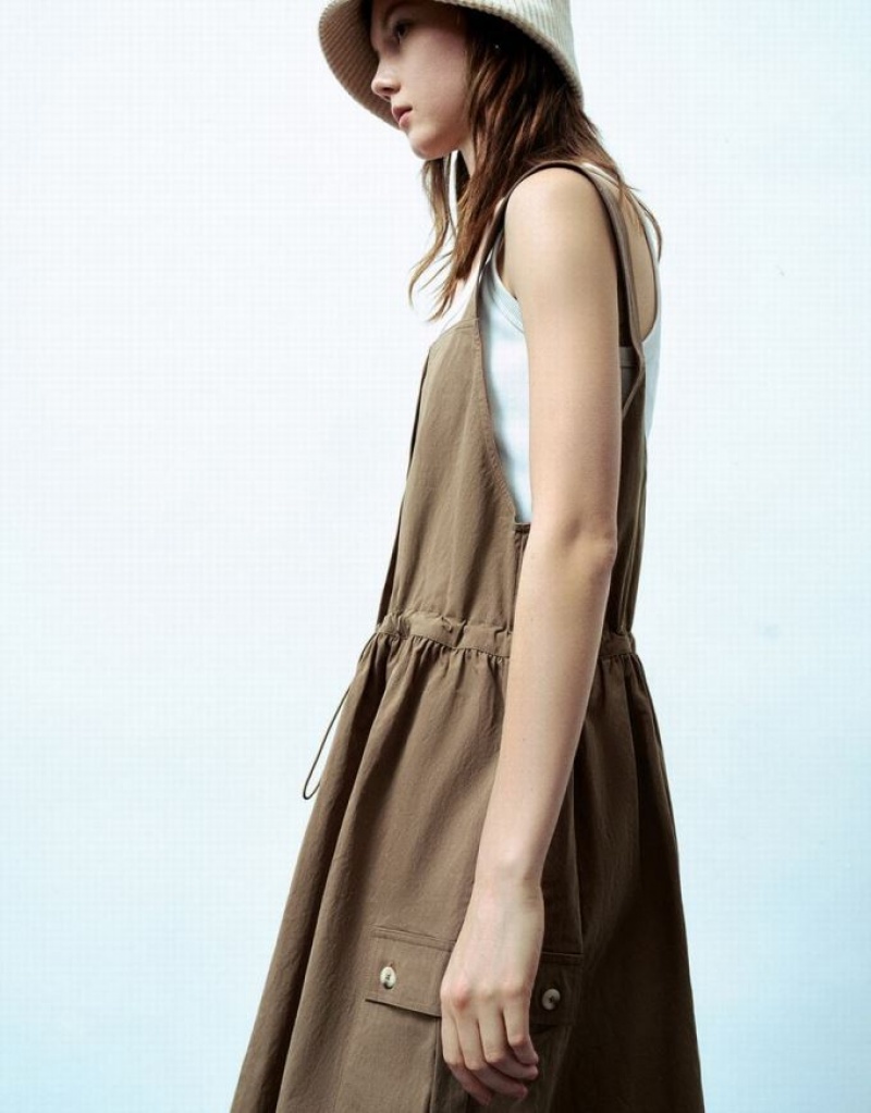 Brown Urban Revivo Sleeveless Square-Cut Collar Straight Women's Dress | ASLRZK-837