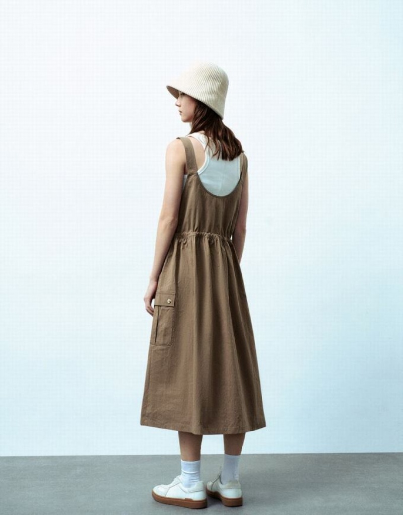 Brown Urban Revivo Sleeveless Square-Cut Collar Straight Women's Dress | ASLRZK-837