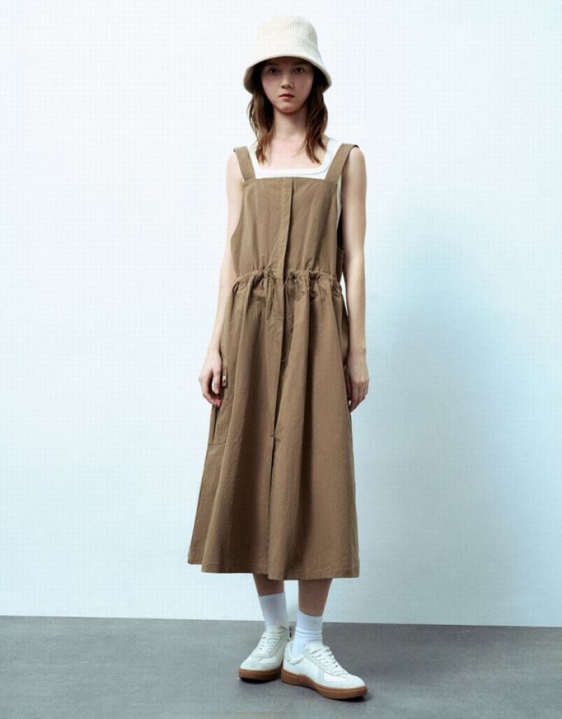Brown Urban Revivo Sleeveless Square-Cut Collar Straight Women\'s Dress | ASLRZK-837