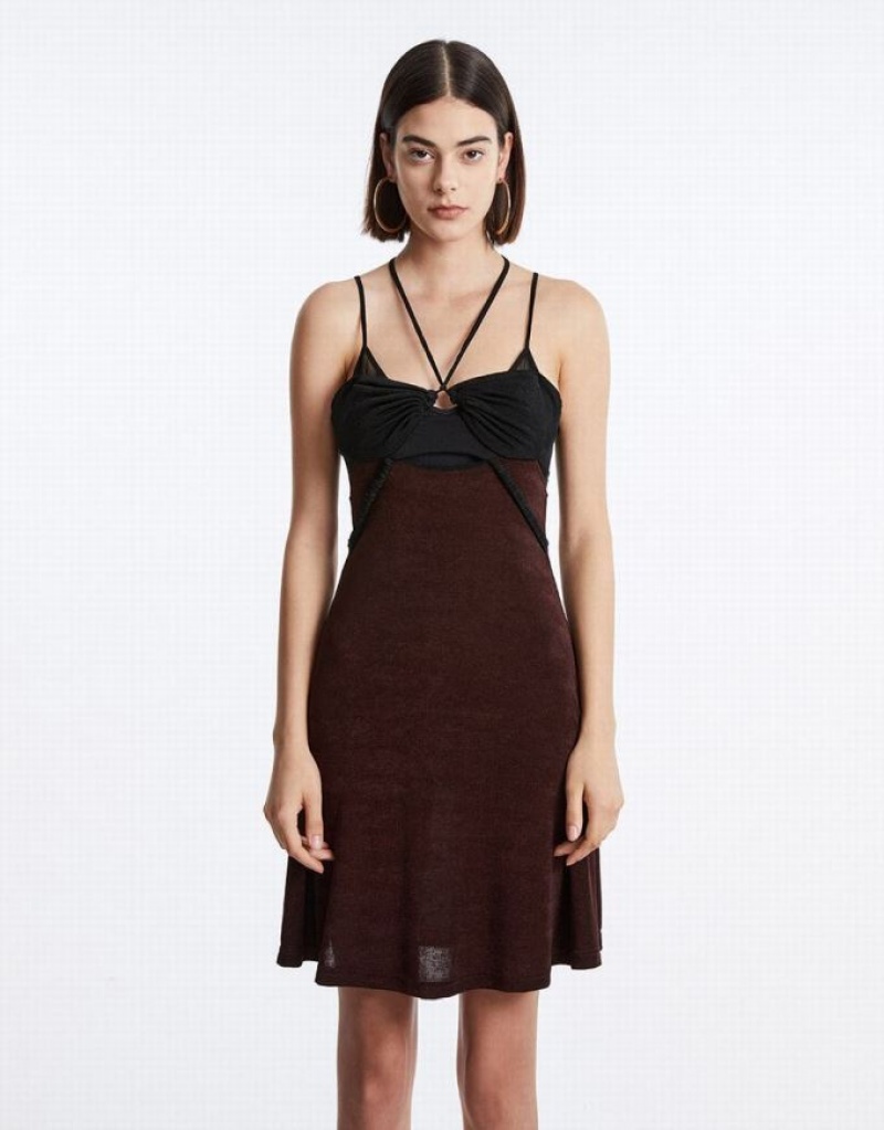 Brown Urban Revivo Spliced Sheer Mesh Cami Women's Dress | RWSOUK-618