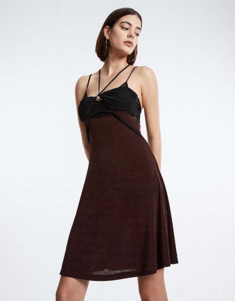 Brown Urban Revivo Spliced Sheer Mesh Cami Women\'s Dress | RWSOUK-618