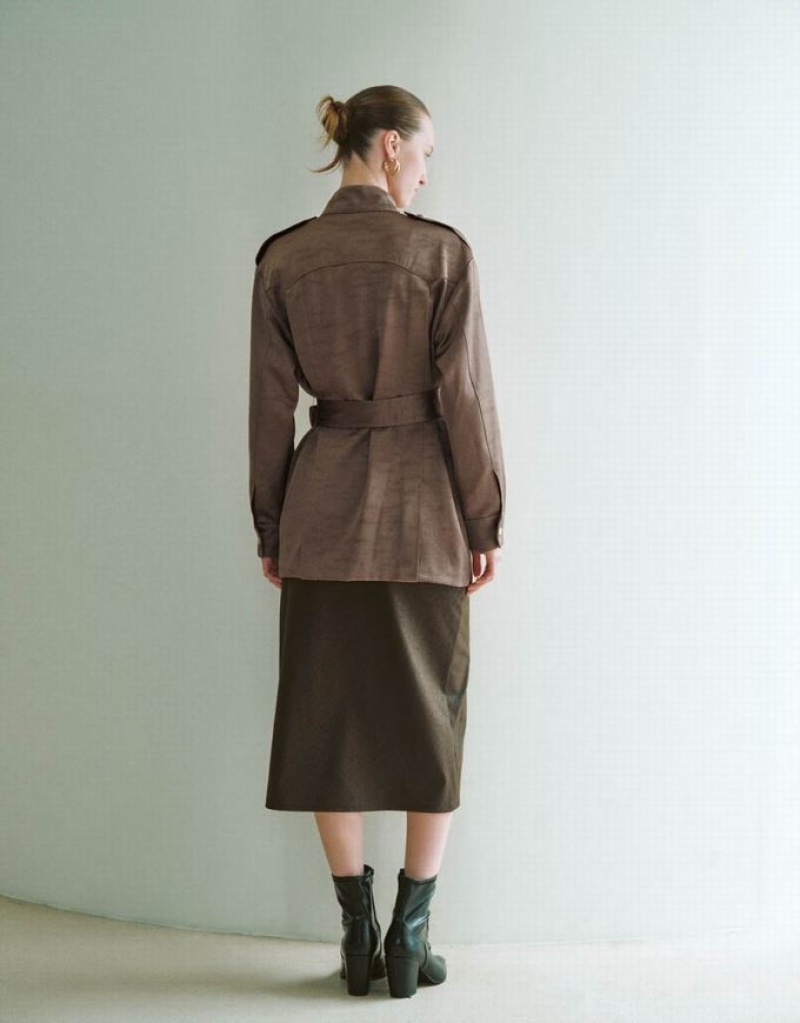 Brown Urban Revivo Stand Collar Straight With Belt Women's Jacket | STUKVE-581