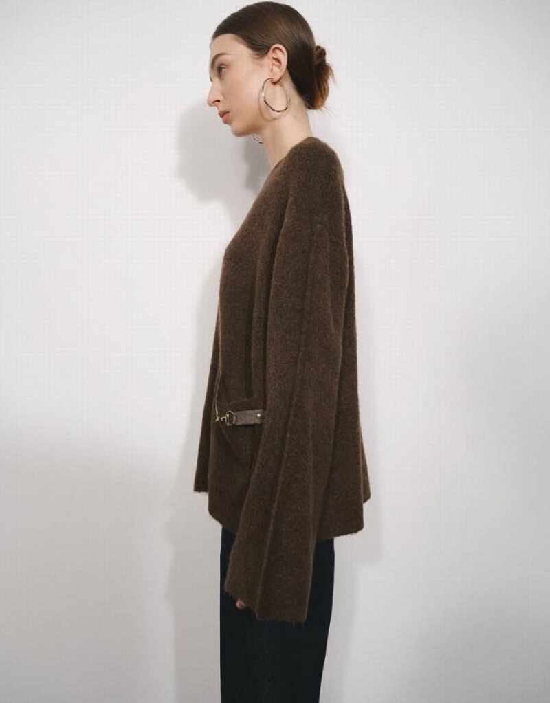 Brown Urban Revivo Standard Sleeve Crew Neck Knitted Women's Cardigan | HSAZXQ-156