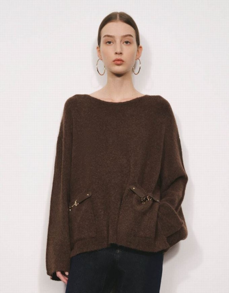 Brown Urban Revivo Standard Sleeve Crew Neck Knitted Women\'s Cardigan | HSAZXQ-156