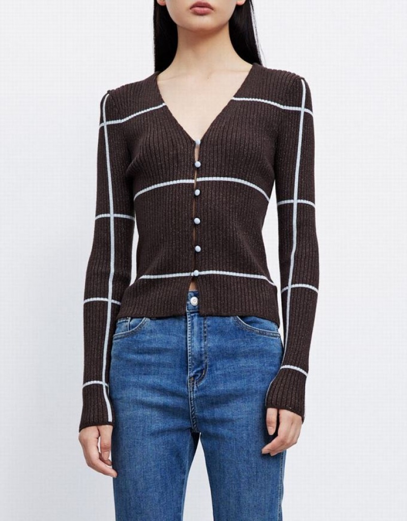 Brown Urban Revivo Striped Button Up Women's Cardigan | VHMKFB-721