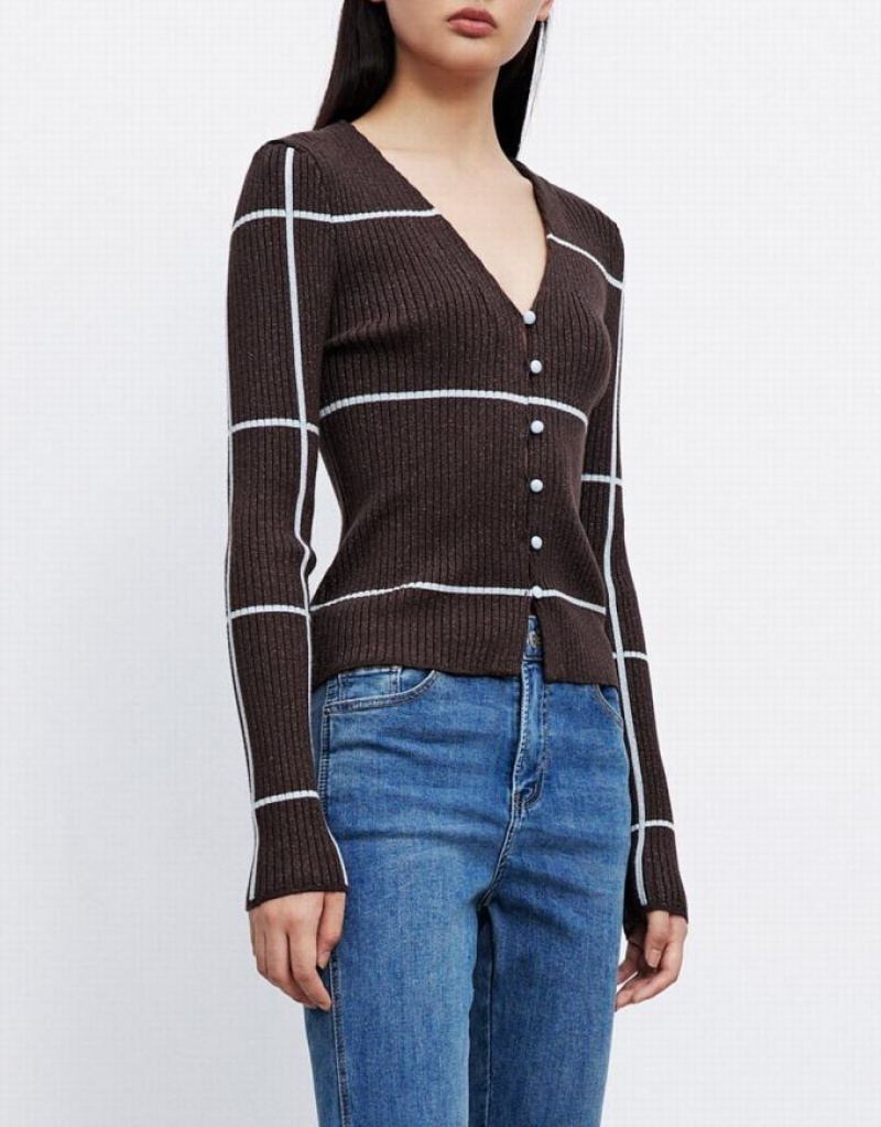 Brown Urban Revivo Striped Button Up Women's Cardigan | VHMKFB-721