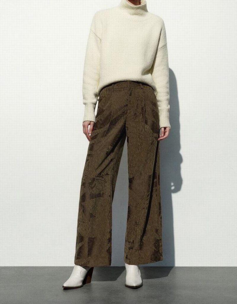 Brown Urban Revivo Textured Wide-Leg Women's Pants | DLJKOF-741