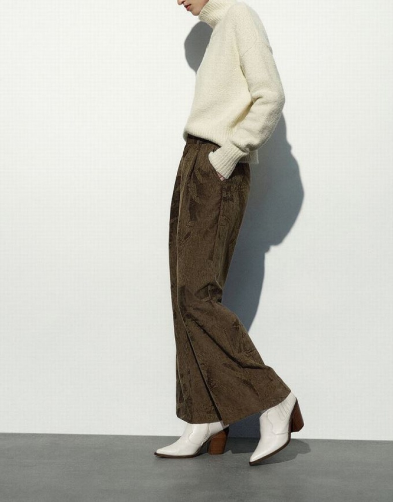 Brown Urban Revivo Textured Wide-Leg Women's Pants | DLJKOF-741