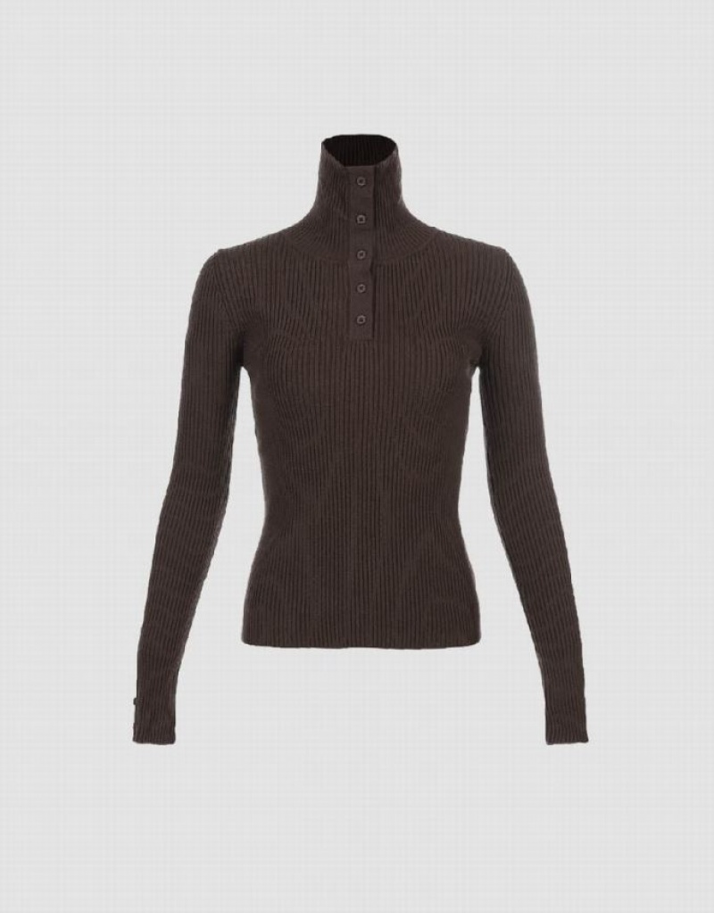 Brown Urban Revivo Turtle Neck Skinny Knitted Women's Cardigan | FMCTYI-645