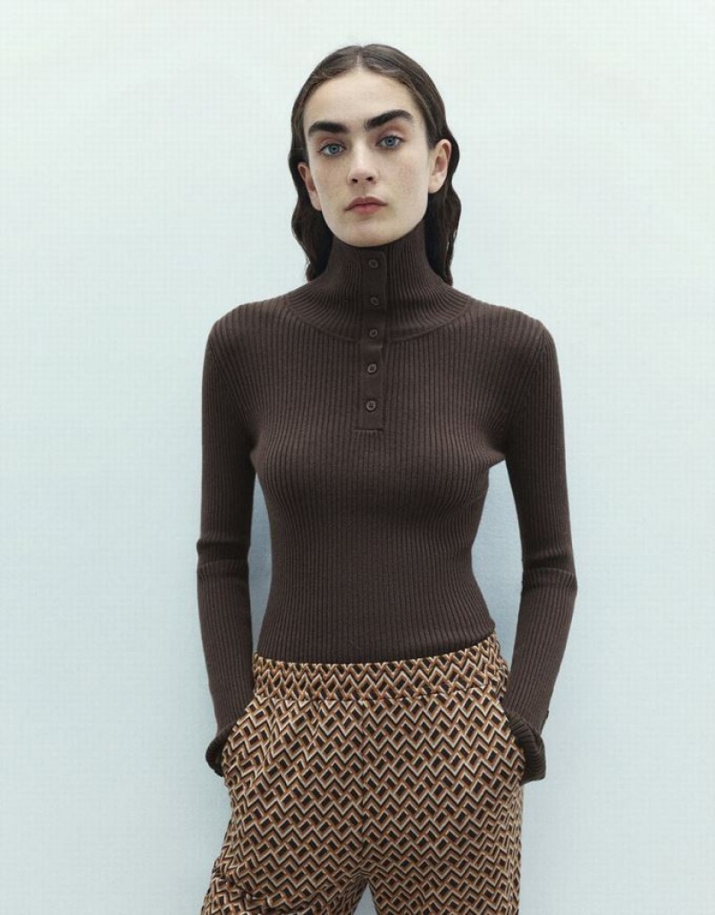 Brown Urban Revivo Turtle Neck Skinny Knitted Women\'s Cardigan | FMCTYI-645