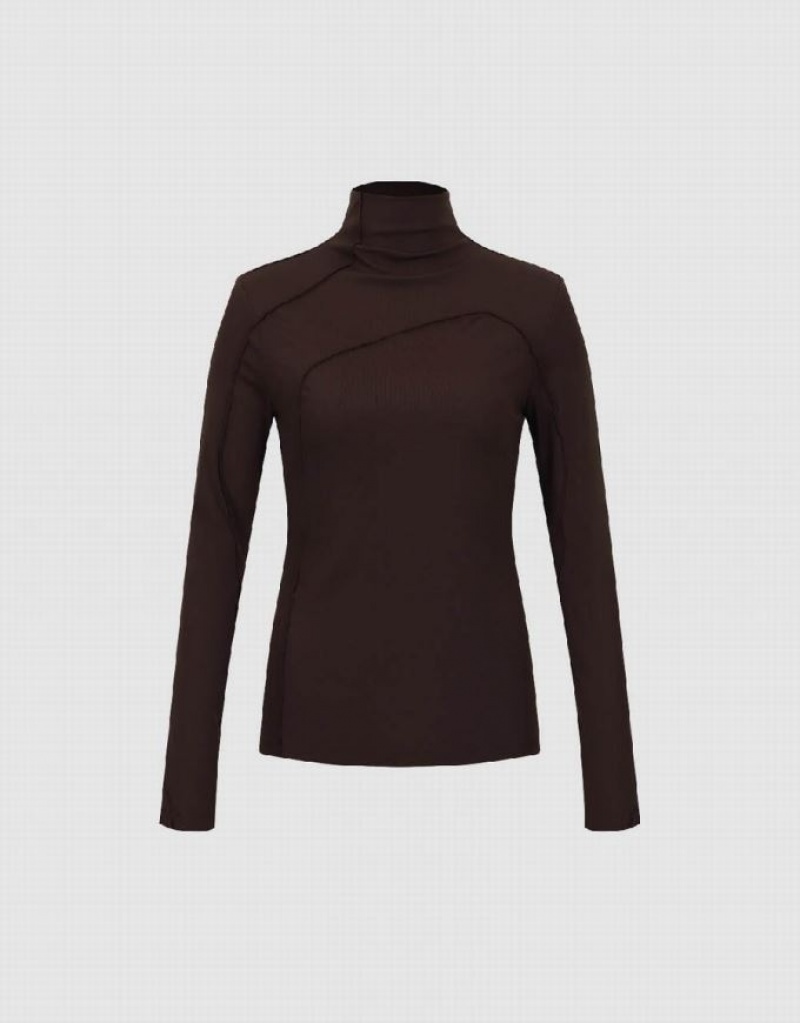 Brown Urban Revivo Turtle Neck Skinny Women's T-Shirts | DXMRQV-973