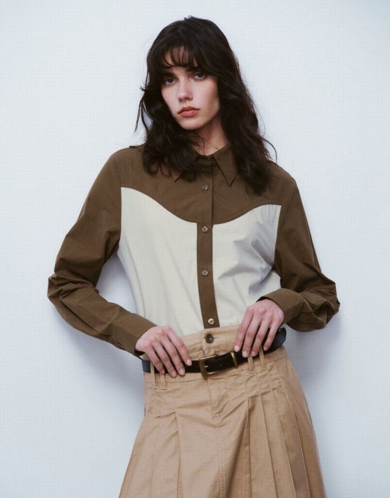 Brown Urban Revivo Two-Toned Button Up Skinny Women\'s Shirts | CJWYPA-820