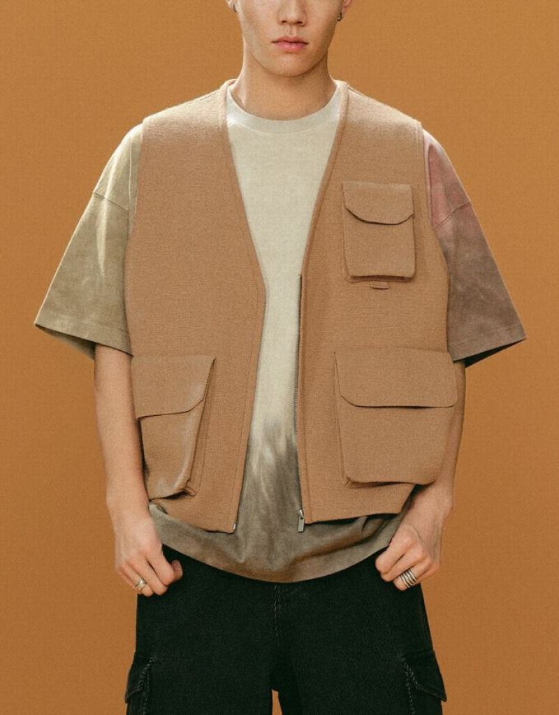 Brown Urban Revivo V-Neck Knitted Waistcoat Men's Coats | ECJHNU-254