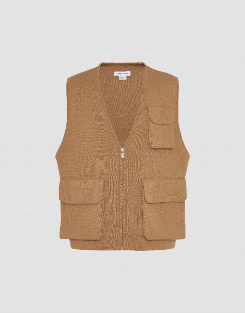 Brown Urban Revivo V-Neck Knitted Waistcoat Men\'s Coats | ECJHNU-254