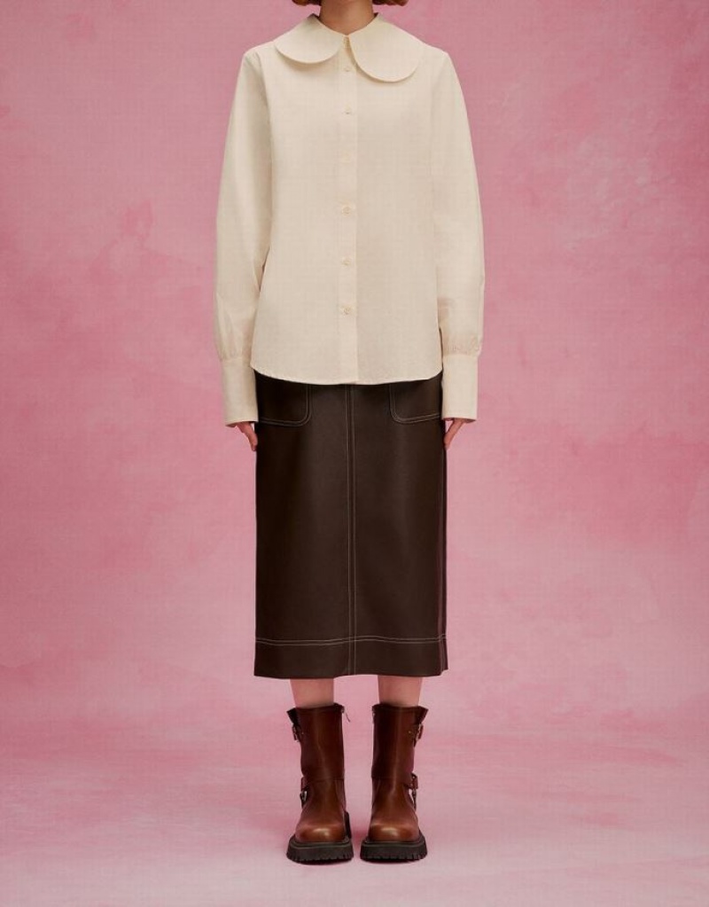 Brown Urban Revivo Vegan Leather Midi Straight Women's Skirts | OWKJDG-378