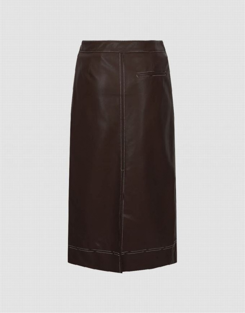 Brown Urban Revivo Vegan Leather Midi Straight Women's Skirts | OWKJDG-378