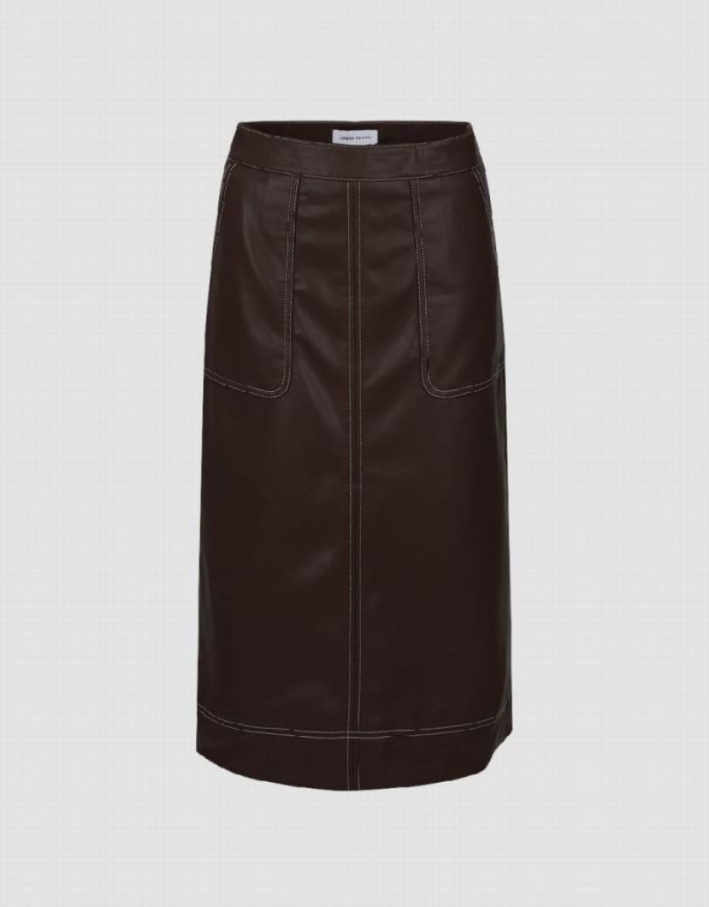 Brown Urban Revivo Vegan Leather Midi Straight Women\'s Skirts | OWKJDG-378