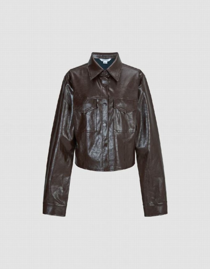 Brown Urban Revivo Vegan Leather Straight Women's Shirts | HQZYTM-079