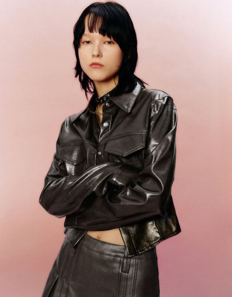 Brown Urban Revivo Vegan Leather Straight Women's Shirts | HQZYTM-079