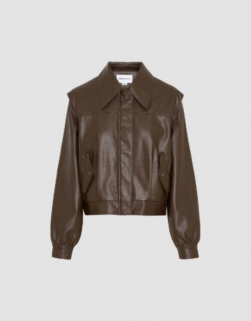 Brown Urban Revivo Vegan Leather Straight Women's Jacket | ARYELW-136