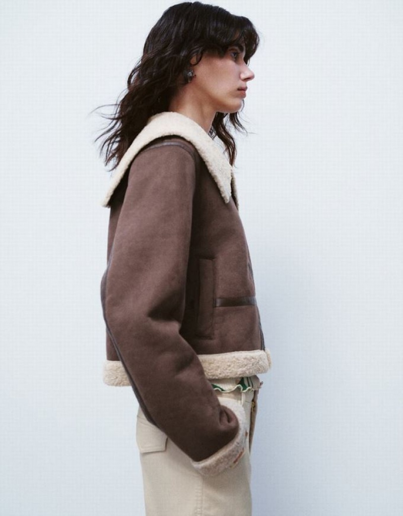 Brown Urban Revivo Zipper Front Vegan Leather Furry Women's Jacket | ZEMRLS-805