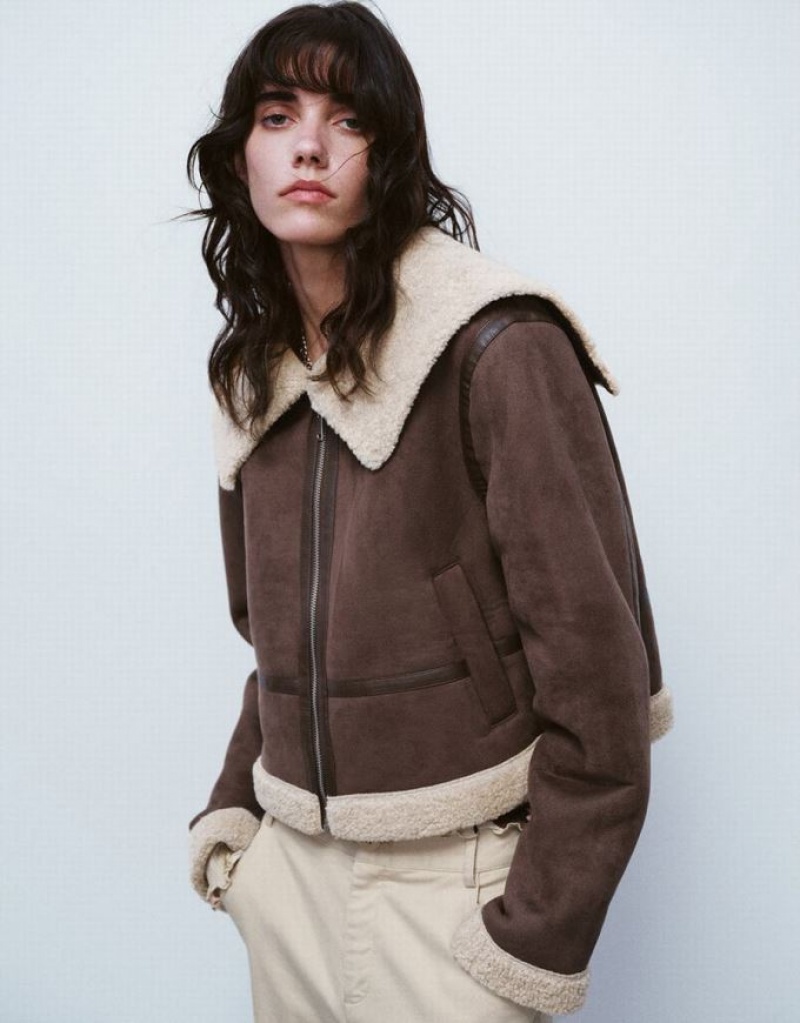 Brown Urban Revivo Zipper Front Vegan Leather Furry Women\'s Jacket | ZEMRLS-805