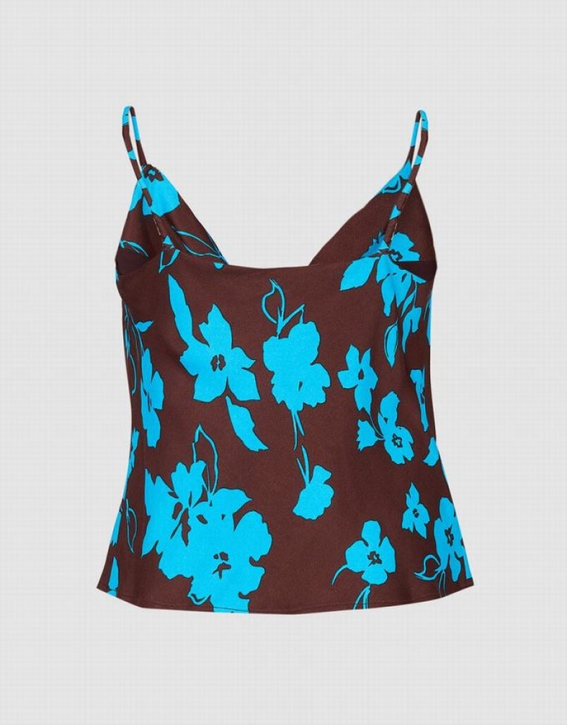 Brown / Blue Urban Revivo Floral Print Cowl Neck Women's Camisole | YIMTAF-821