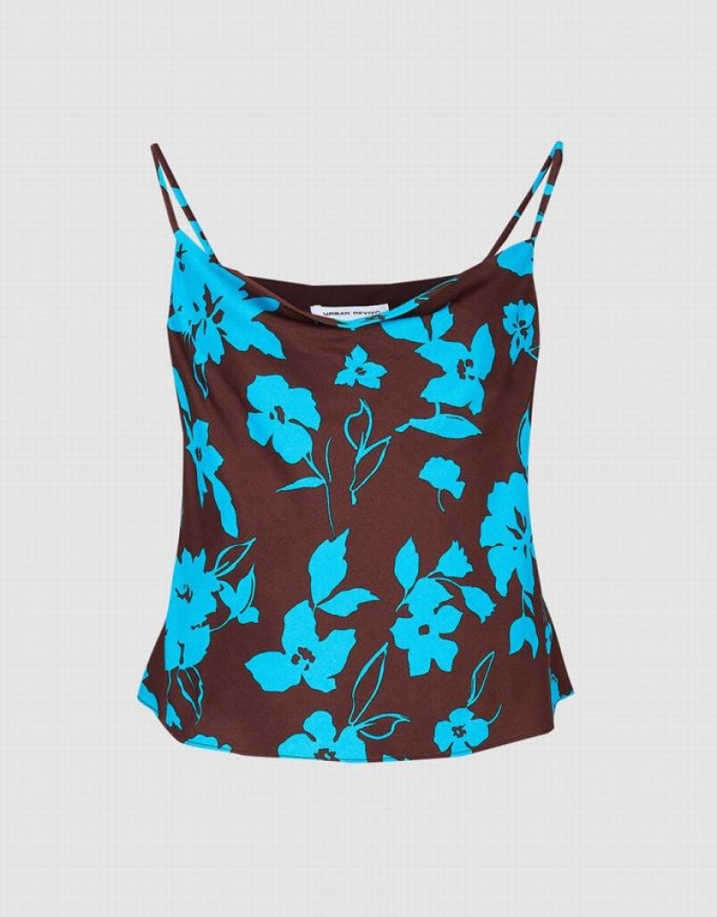 Brown / Blue Urban Revivo Floral Print Cowl Neck Women\'s Camisole | YIMTAF-821