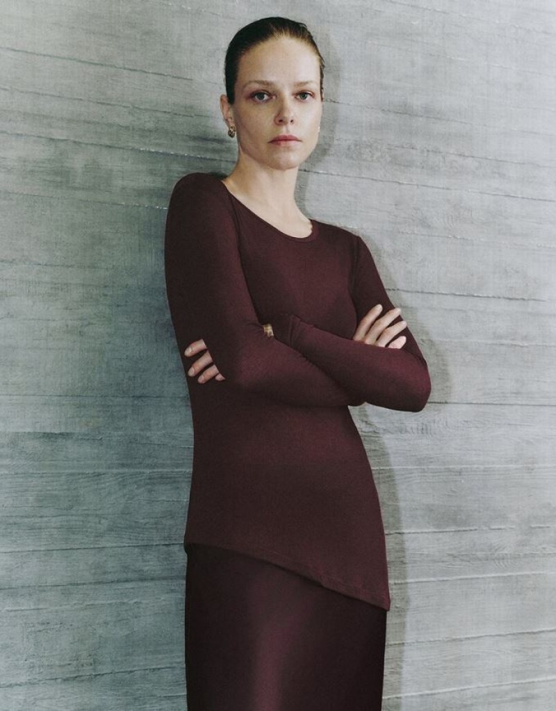 Burgundy Urban Revivo Asymmetric Crew Neck Women's T-Shirts | SEJLAT-280