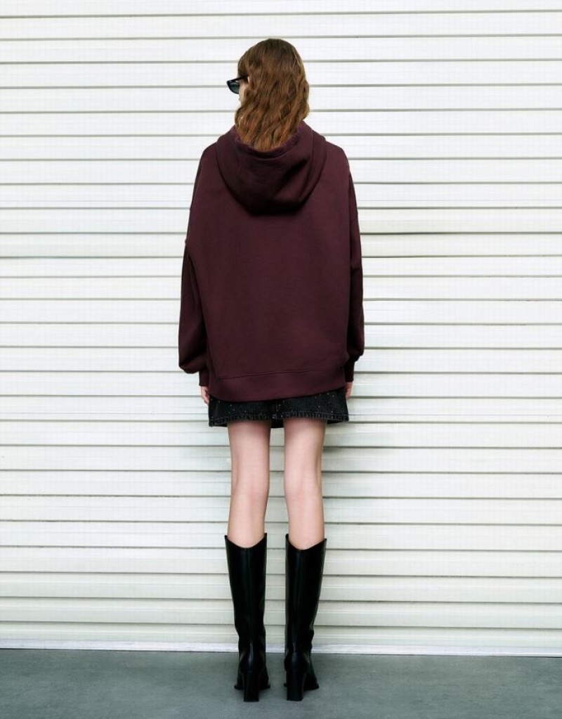 Burgundy Urban Revivo Drop Shoulder Sleeve Oversized Women's Hoodie | AXEFOR-629