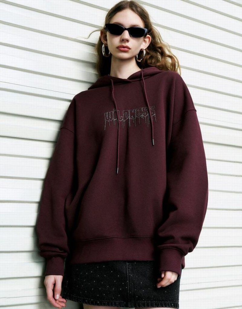 Burgundy Urban Revivo Drop Shoulder Sleeve Oversized Women\'s Hoodie | AXEFOR-629