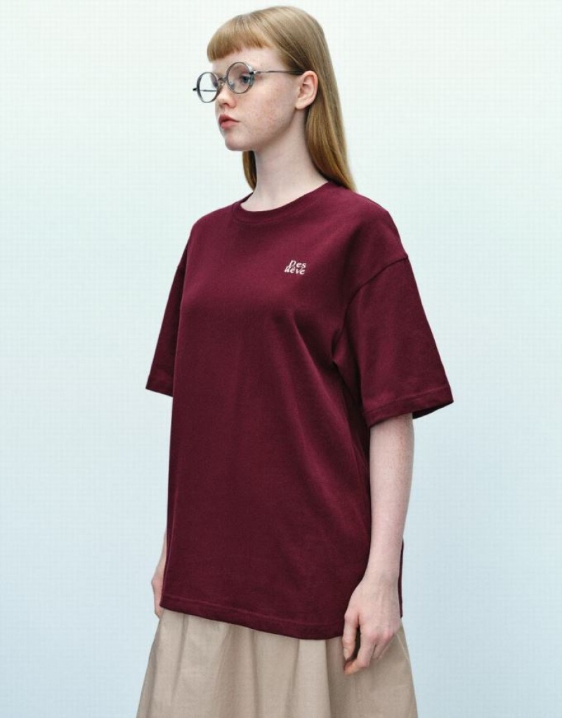 Burgundy Urban Revivo Letter Printed Loose Women's T-Shirts | TMOJZH-942