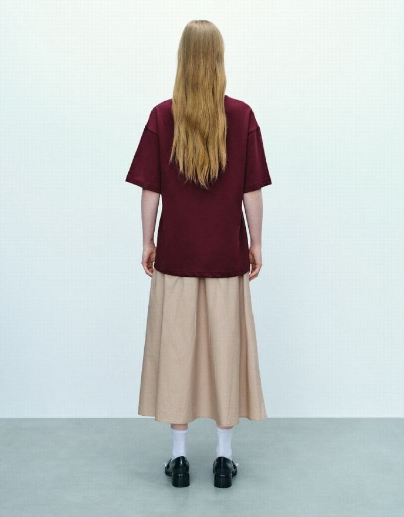 Burgundy Urban Revivo Letter Printed Loose Women's T-Shirts | TMOJZH-942