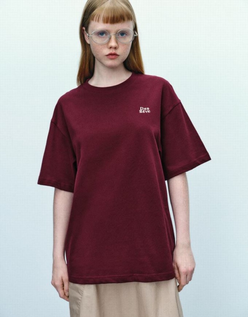 Burgundy Urban Revivo Letter Printed Loose Women\'s T-Shirts | TMOJZH-942