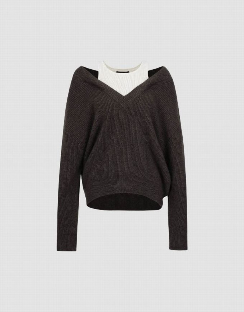 Coffee Urban Revivo 2 In 1 V-Neck Knitted Women's Cardigan | DLBFZW-690
