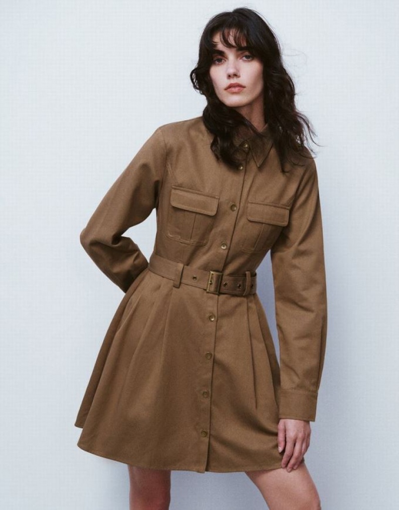 Coffee Urban Revivo A-Line With Belt Women\'s Shirt Dress | UIWMNR-127