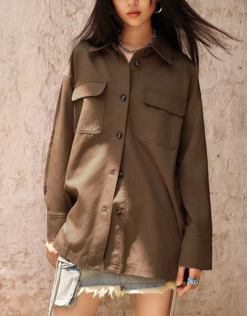 Coffee Urban Revivo Button Up Straight Women's Shirts | RUDZMA-263