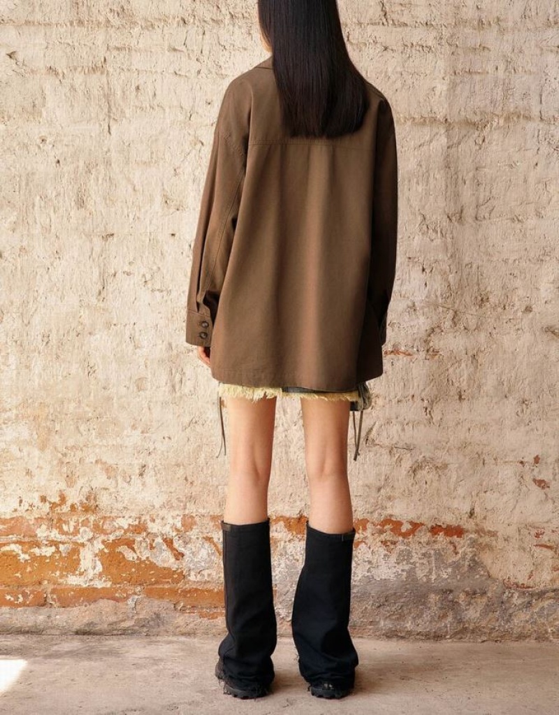 Coffee Urban Revivo Button Up Straight Women's Shirts | RUDZMA-263