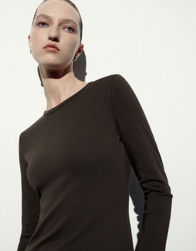 Coffee Urban Revivo Crew Neck Skater Women's Short Dress | XJIBQK-716