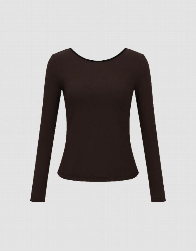 Coffee Urban Revivo Crew Neck Skinny Knitted Women's T-Shirts | FSNZVE-784